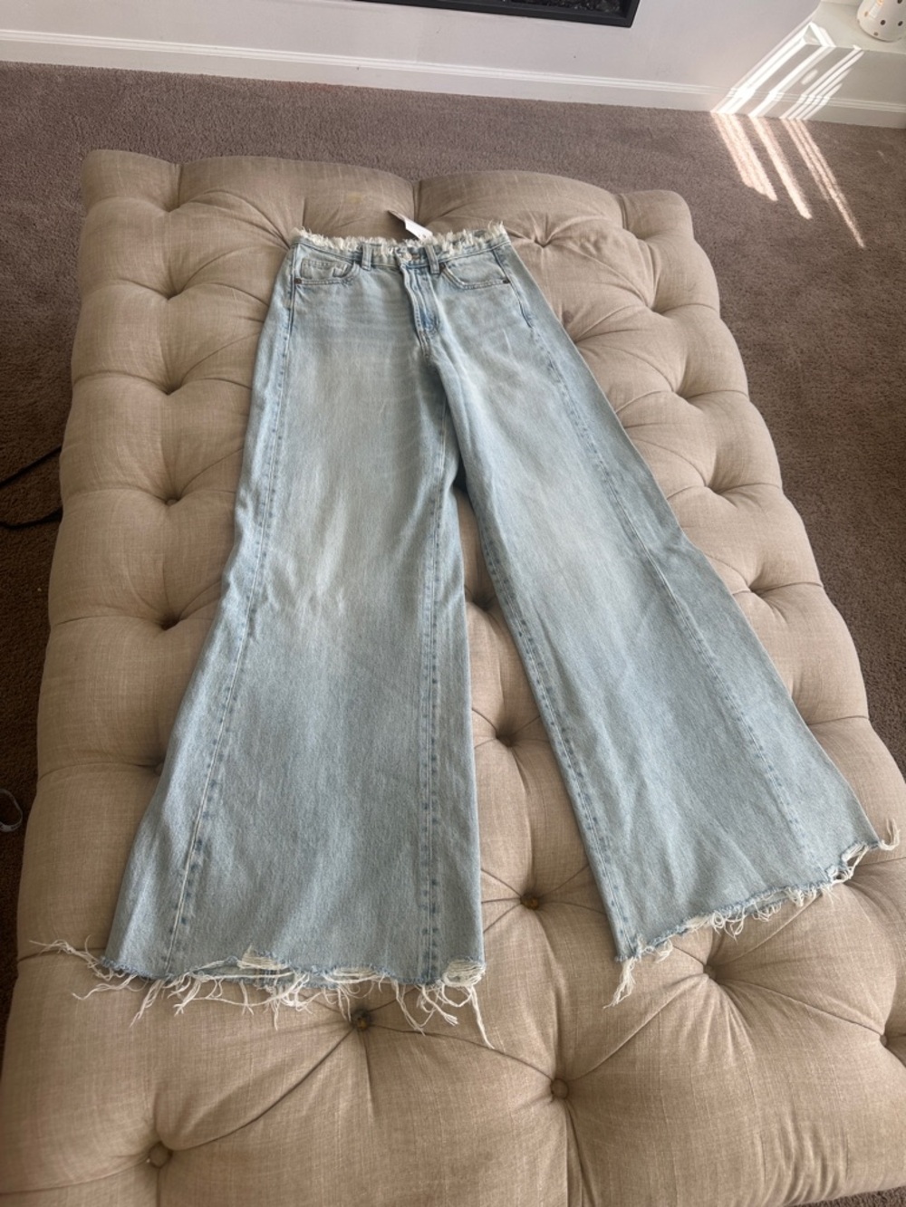 Zara Light Blue High-Rise Wide-Leg Frayed Jeans - Picture 2 of 8